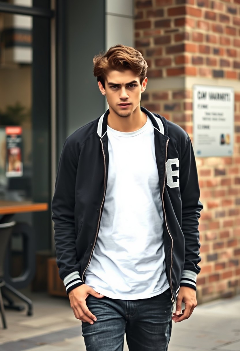 Christian Grey head and body shot, handsome young man, dark brown hair, serious face, white t-shirt, college jacket, skinny jeans, sneakers, walking with style, near a cafe, hyper-realistic, street photography, brick wall, full-body photo, morning scenery. - Image