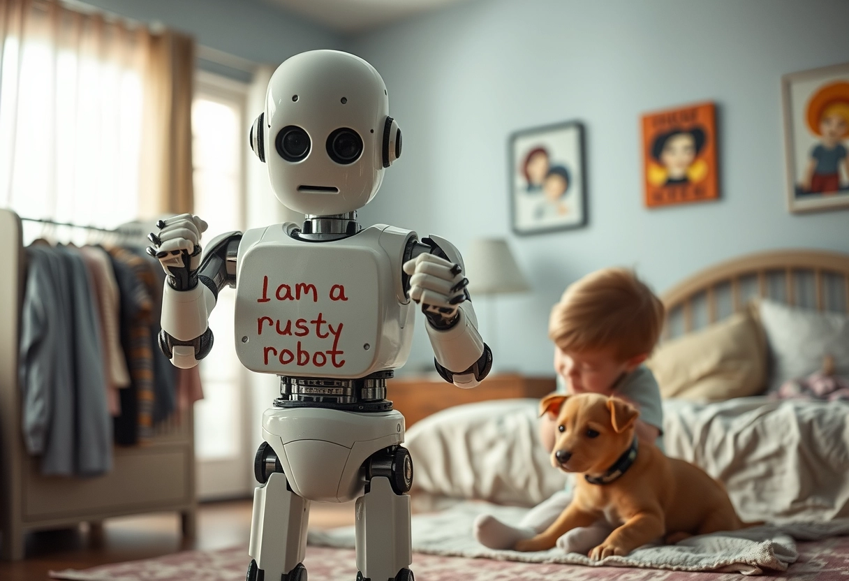 In the distance, a robot is folding clothes in a bedroom. The robot has a child's doodle on its chest that says "I am a rusty robot," and next to the robot, a little child is playing with a puppy. - Image