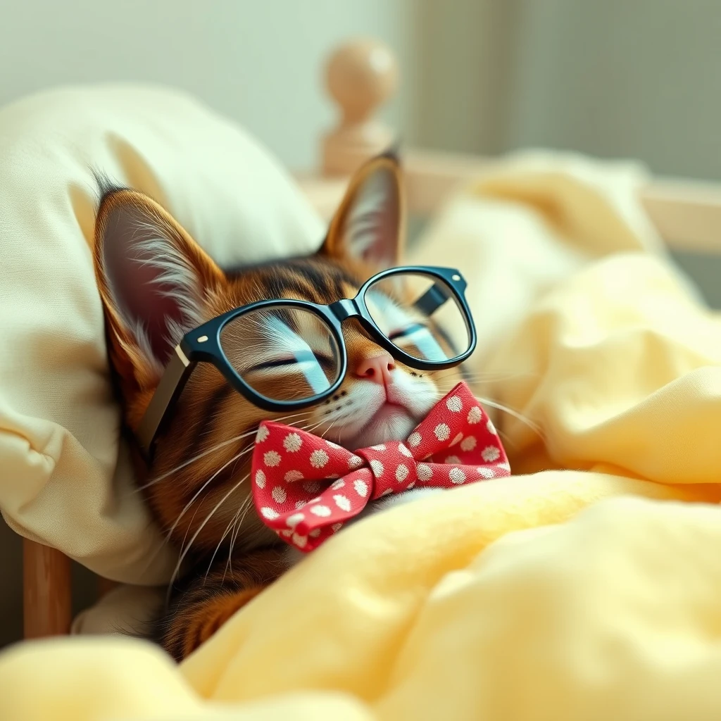 Sweet little bow tie wearing glasses sleeping in its little bed. - Image