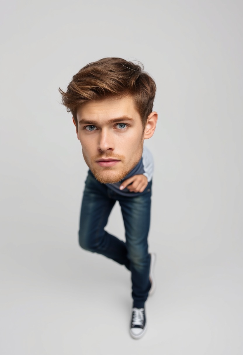 Jamie Dornan head and body shot, handsome, young, blue shirt, jeans, sneaker, photorealistic, studio photography. - Image