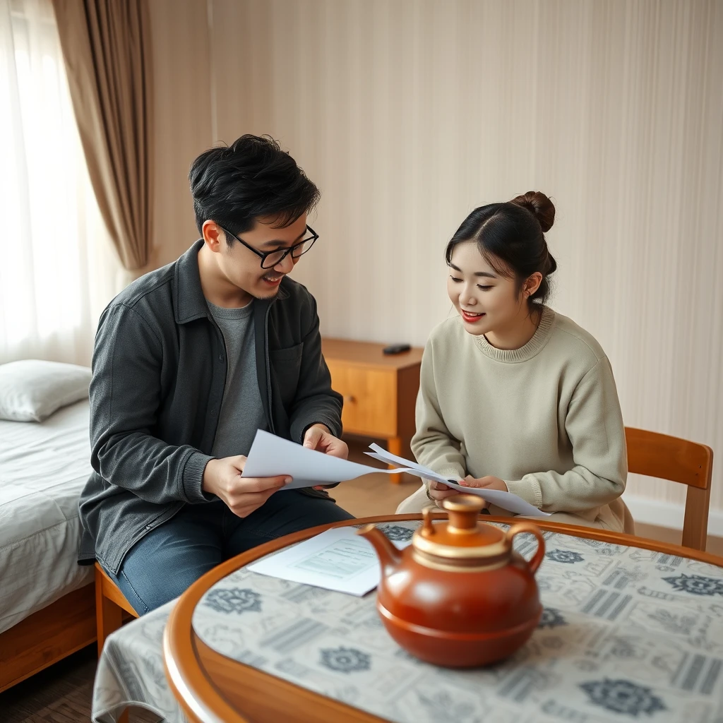 In the room, there is a bed, a table, and chairs. A male tutor is helping a female student with her homework, and there is a Chinese-style hot water bottle and teapot.