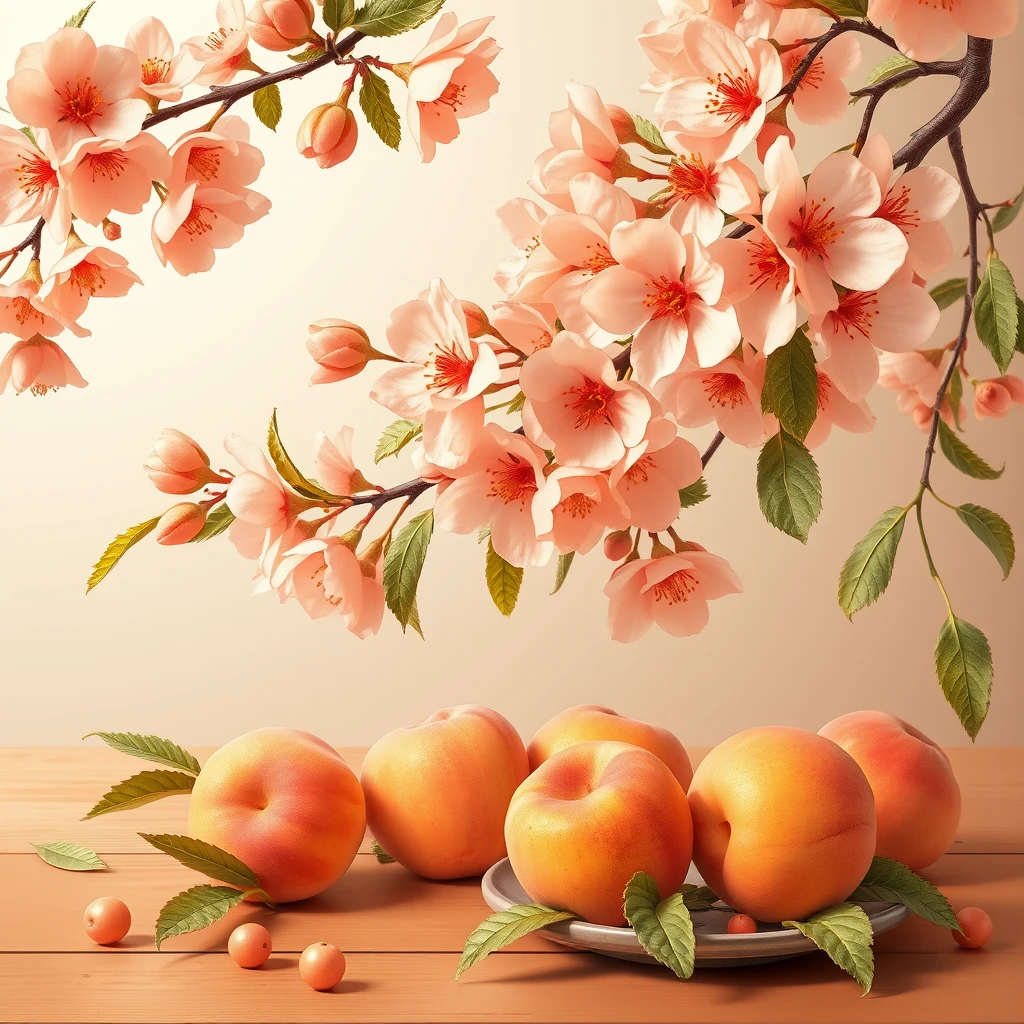 There are peach blossoms and peaches on the table, and the main colors are peach and gold pearl, autumn color tones, and I hope it has a rich autumn feel. - Image