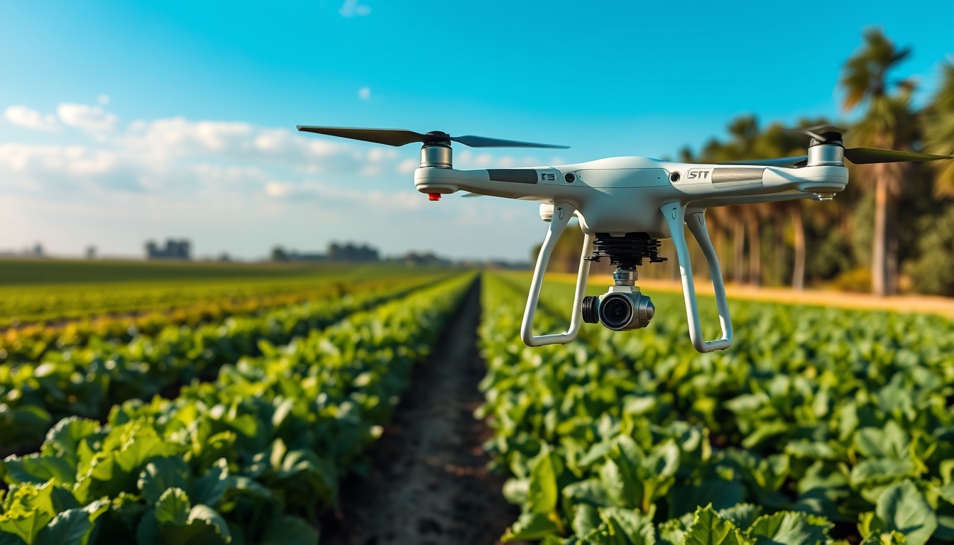 Smart agriculture with drone monitoring, representing tech-driven farming.