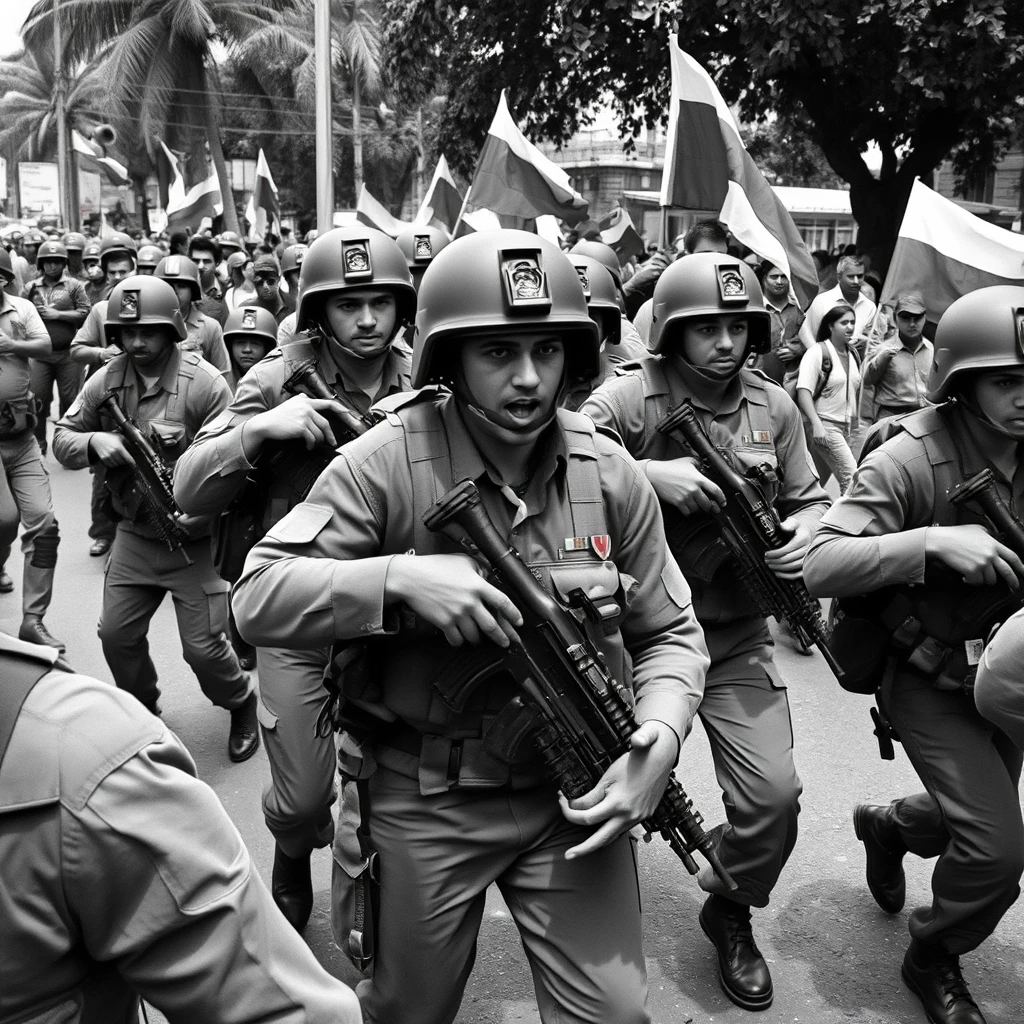 B&W photorealistic image of Venezuelan soldiers rounding up student demonstrators.