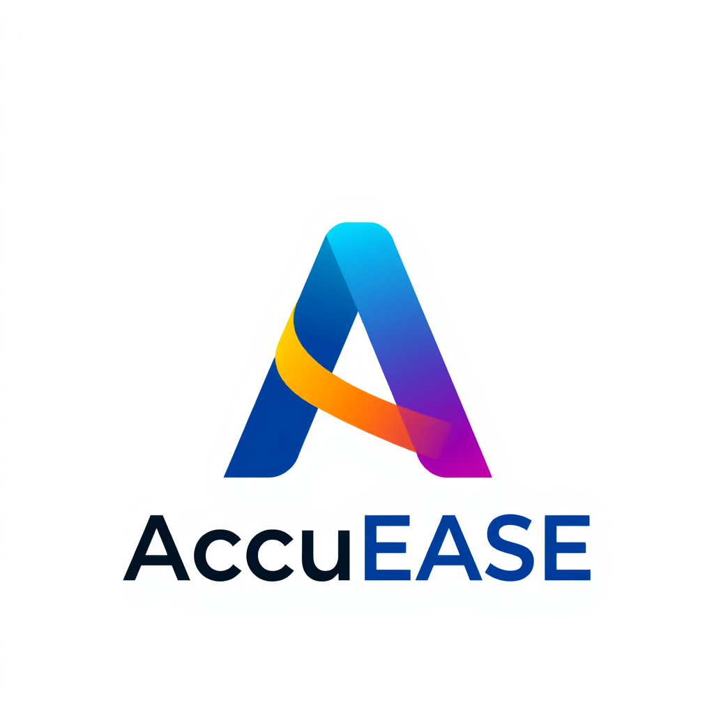 A logo named "AccuEASE" with the letter A has a color palette of #0782d8, #1493dc, #1493dc, #44ccf4 and features an IT abstract expression with a transparent background.