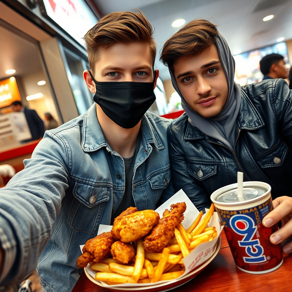 Jamie Dornan's head and body shot, handsome, young, face mask black, blue denim jacket, jeans, dating a Muslim girl in a grey hijab, beautiful eyes, black face mask, black leather jacket, biggest floral skirt, at a fast food restaurant, plate of Korean fried chicken and fries, soft drink soda, photorealistic, hyper-realistic, street photography, selfie. - Image