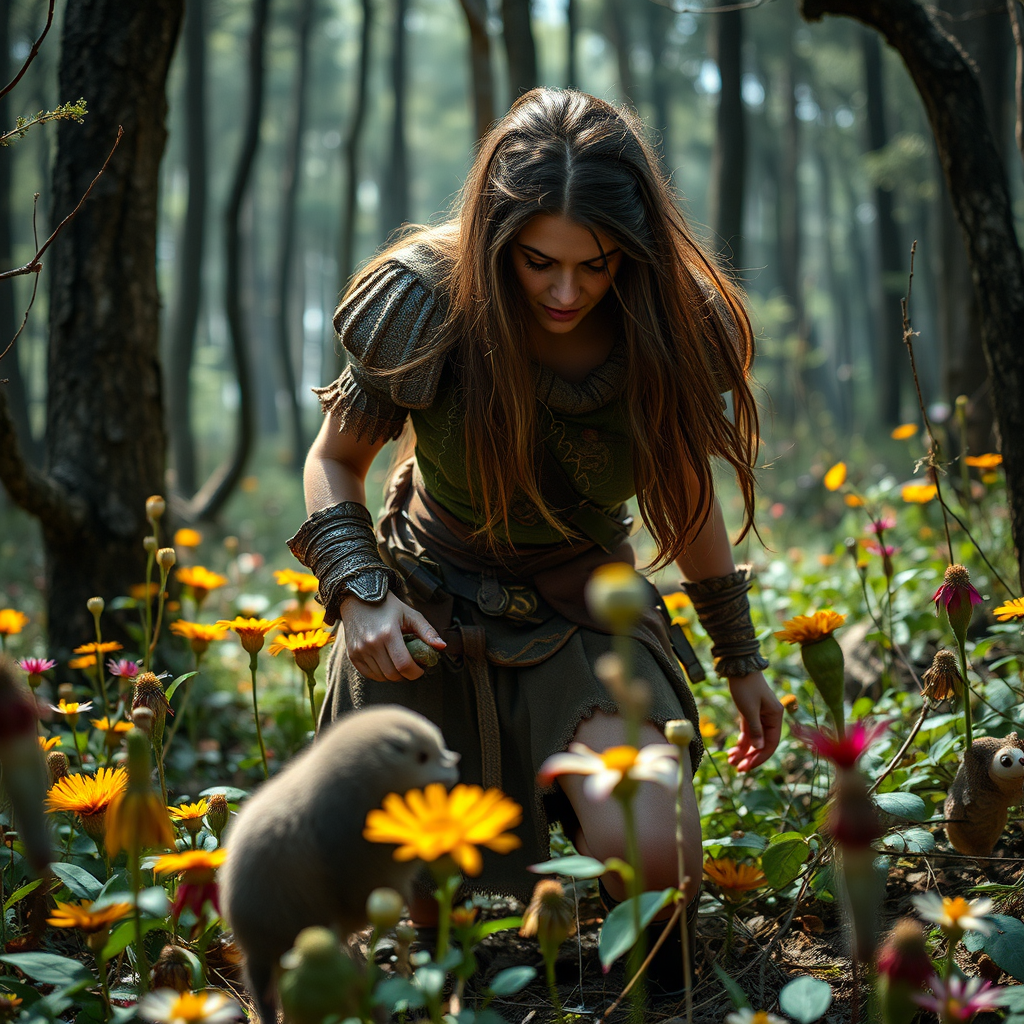 Real-life photography: In the forest, a female barbarian encounters a dangerous small animal. But it is invisible, and others cannot see it. This forest is filled with many strange flowers and unusual plants.