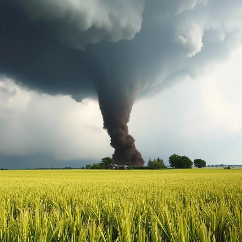 Very huge black tornado in the wheat meadow