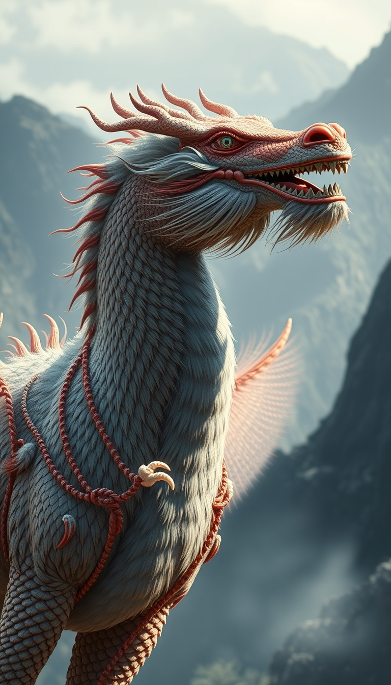 (Ultra realistic) an oriental dragon combined with a horse, hairy body, in a mountain background of China.