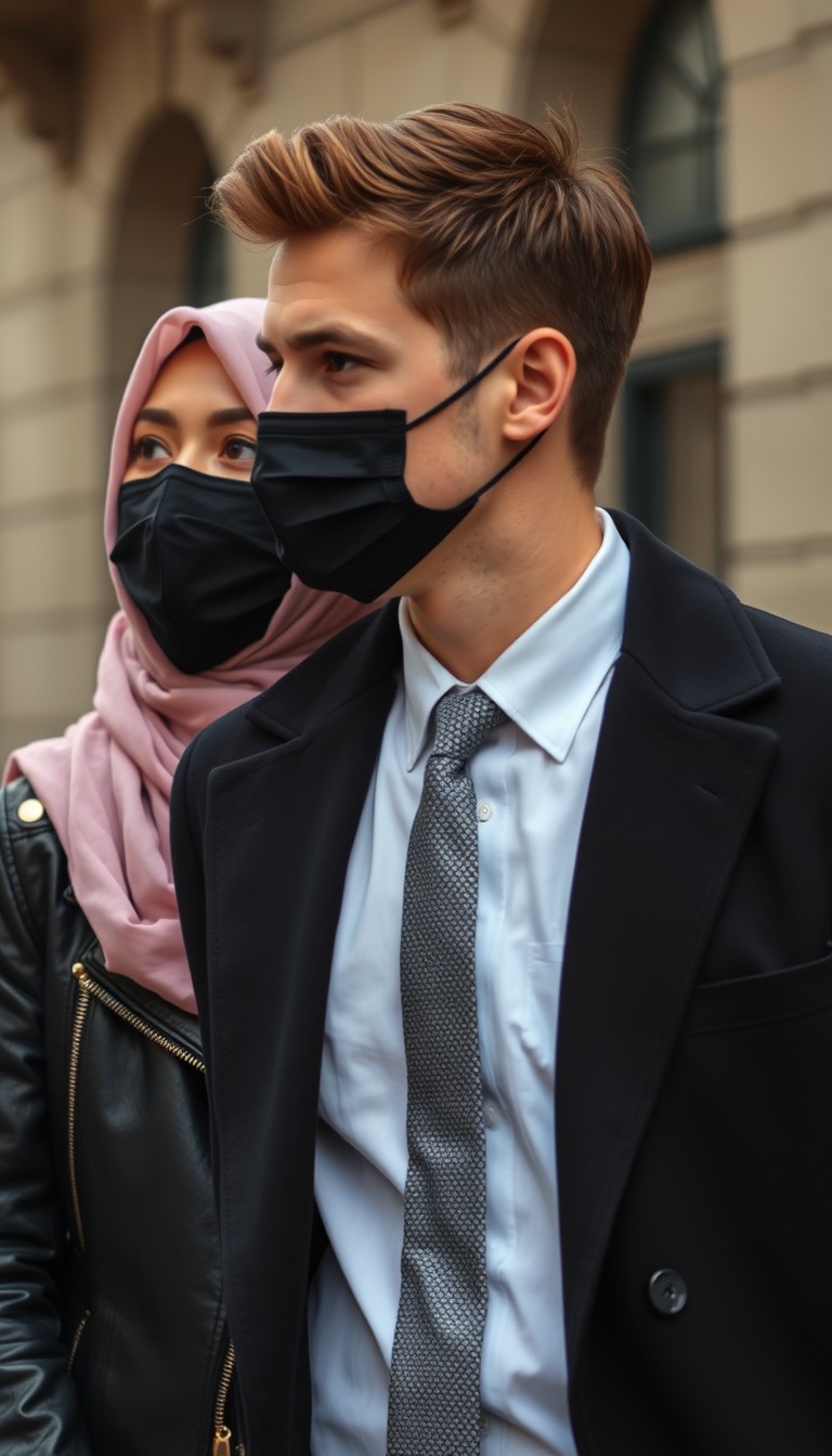 Jamie Dornan's head and body shot, handsome, young, face mask black, white shirt half-buttoned, grey patterned tie, black coat suit, dating love with the biggest soft pink hijab girl, beautiful eyes, black leather jacket, face mask black, biggest floral skirt, hyper-realistic, street photography. - Image