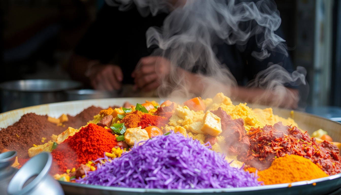 A close-up of a street vendor preparing a colorful and aromatic dish, with steam rising and vibrant spices on display.