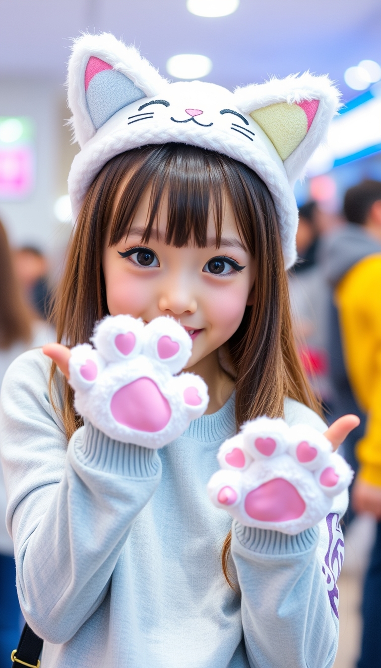 A cute girl wearing cat ears and paw gloves striking a Nyan Nyan pose.