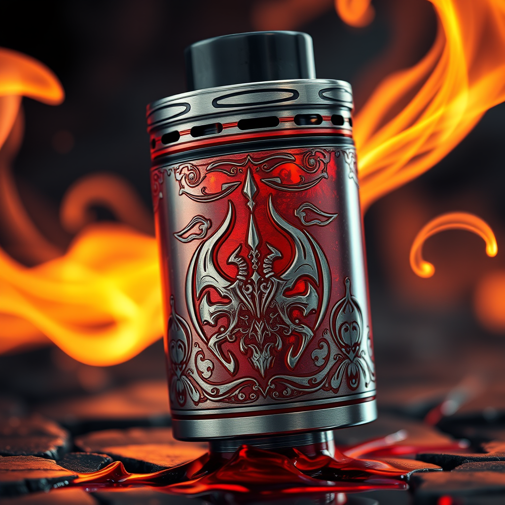 Hyper-realistic DoomVapes: vape tank, engraved with infernal motifs on the metal. Hellfire wisps curl around the device. Blood-red liquid seeps through cracks. Clear glass.