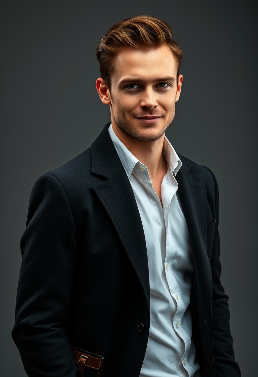 Jamie Dornan's face, hair, and body shot, handsome, shaved face, young, shame smile, white shirt half buttoned, black coat suit, leather shoes, leather bag, hyper-realistic, studio photography, full body photography. - Image