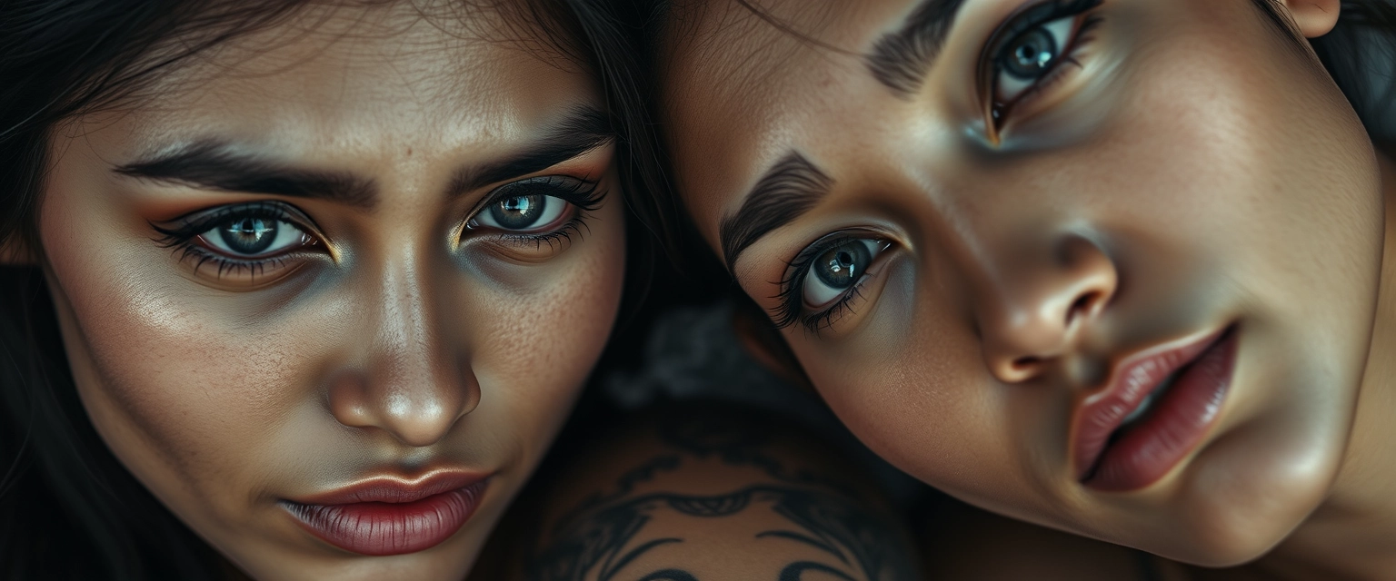 Close-up shot of two fair-skinned, beautiful Indian and Korean women with stunning facial features and hypnotizing gray eyes, both heavily tattooed with crying faces, lying on each other.