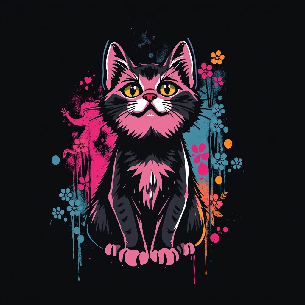 CAT graffiti, solid color, T-shirt design art by Sullen Powell, black background.