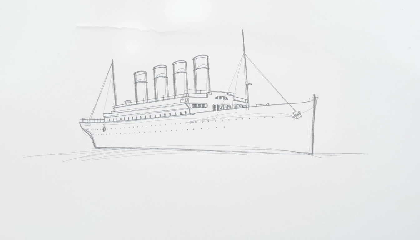 'Titanic, rough pencil sketch, relatively coarse, not detailed. The paper of the sketch is a bit wrinkled, with traces of eraser marks on it.' - Image