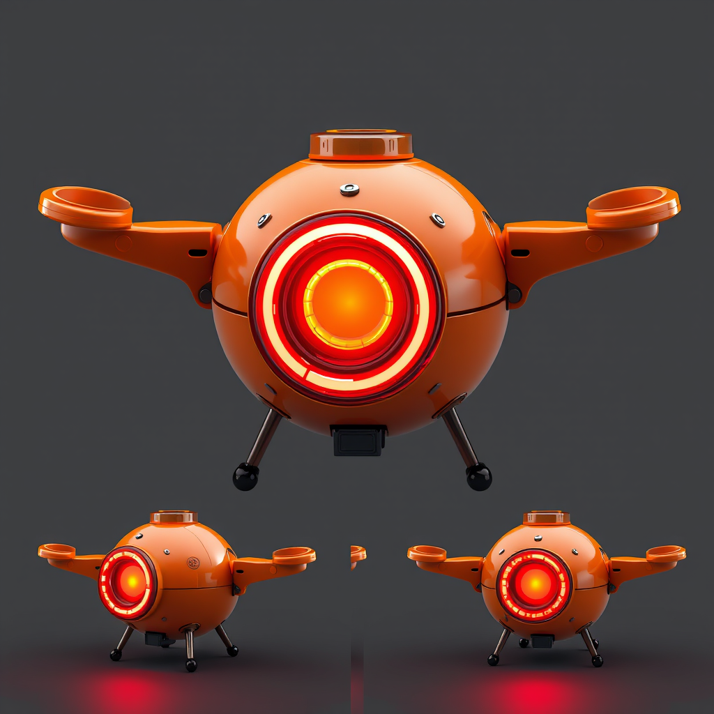 A creative spherical flying machine, resembling eyes, with an orange appearance and a red glowing ring, incorporating police elements. It is filled with oppression, featuring rendering, 3D modeling, and industrial product design from different angles, including three views, four views, front, side, and bottom. It boasts an eye-catching color, a glowing aperture, and includes 3D rendering, blender rendering, and UE5 rendering. The design has metallic luster, a simple and smooth shape, excellent clarity, and the best picture quality.