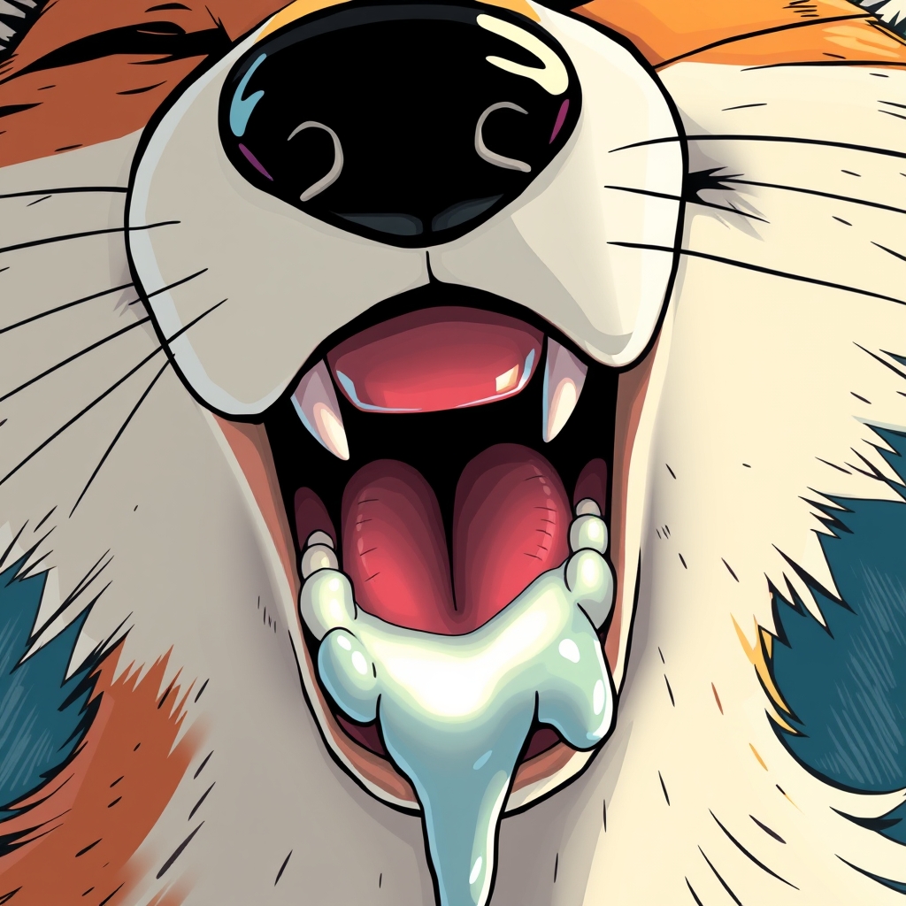 "Furry art style, animated comic style, depict the details of the fox's mouth, throat details, the throat area should be bright, details of the teeth, details of the saliva, the whole mouth is filled with it."