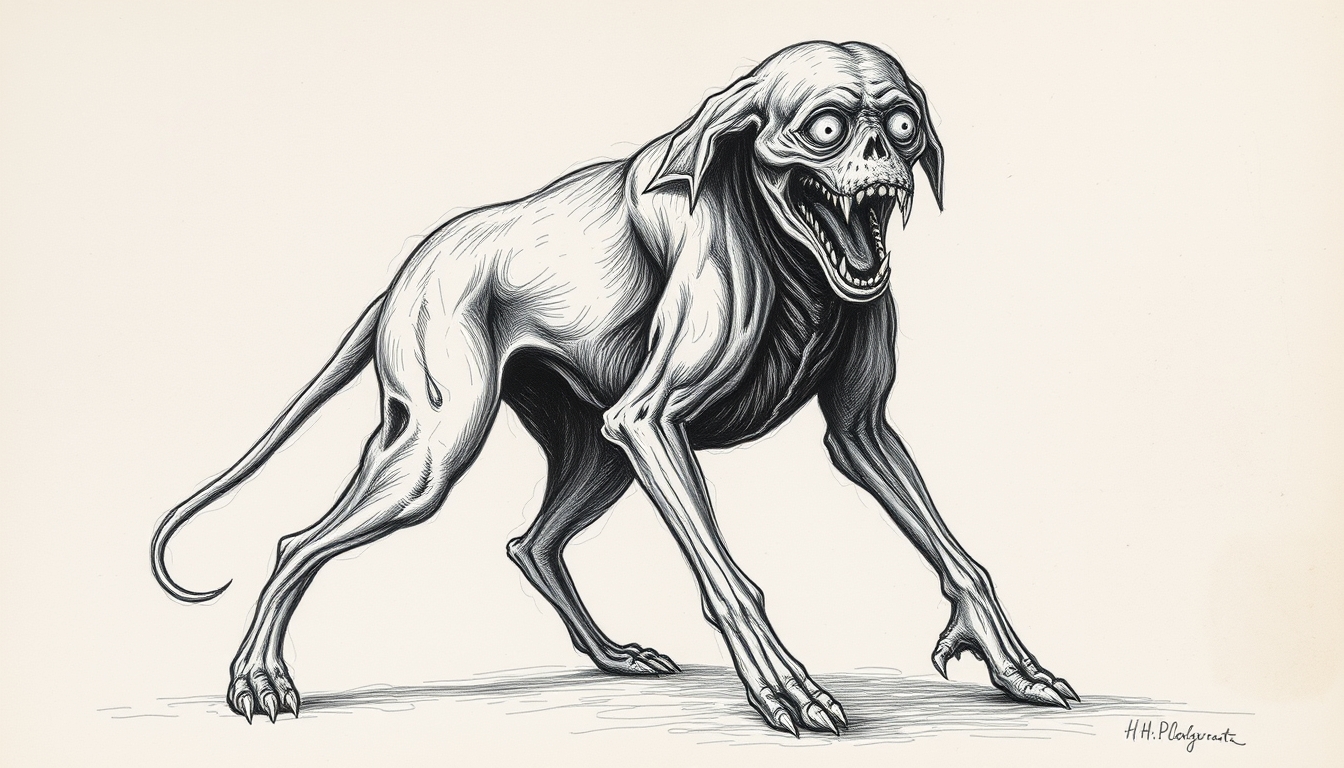 Horror Monster created by H.P. Lovecraft Drawing, Dog with his head and body many eyes, full body, raw drawing. - Image