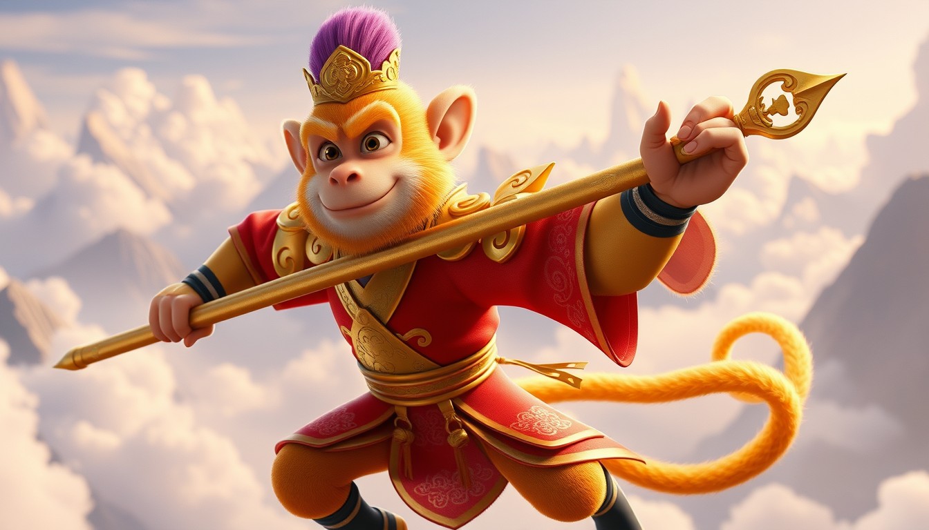 Create a 3D Pixar-style image of Sun Wukong. Sun Wukong is a handsome monkey with an agile body, and his golden-yellow fur gleams brightly. He is dressed in a red battle robe adorned with golden cloud patterns, with golden armor on his shoulders and chest. He wears a golden belt around his waist, with his magic staff (Ruyi Jingu Bang) hanging from it. He has a purple-gold crown on his head and wears black boots. The background could be majestic mountains or a sea of clouds, creating a heroic and mythical atmosphere.