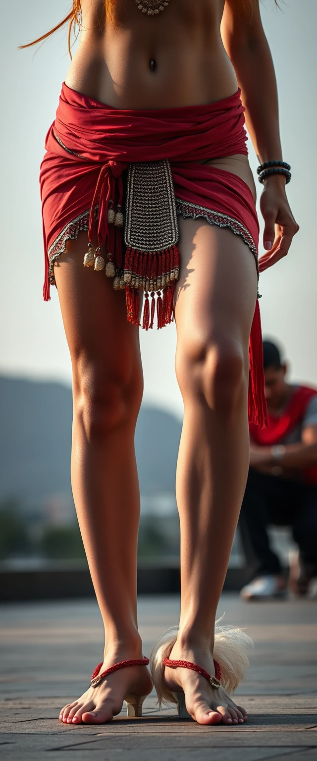 Close-up photo of the legs of a tall, muscular, beautiful, big-bellied white Indian-Korean dancer. - Image