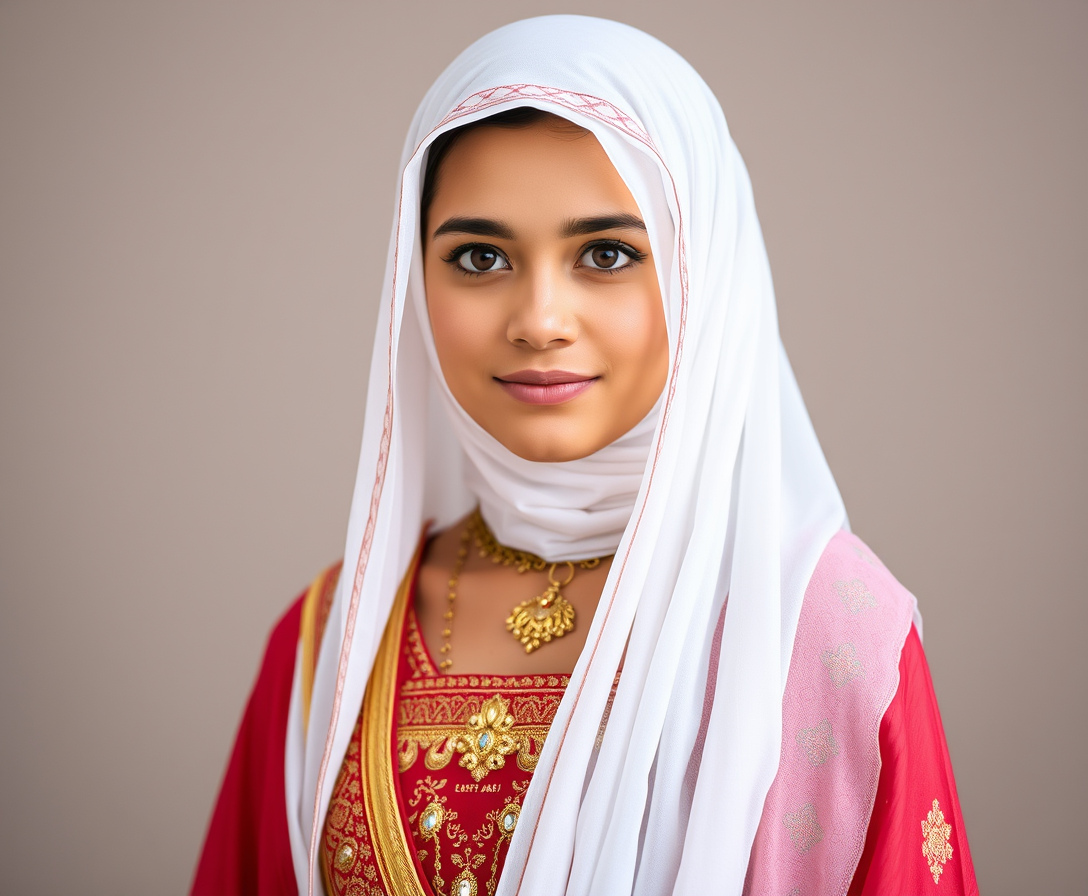 Very beautiful Saudi Arabian girl from head to stomach wearing traditional attire.