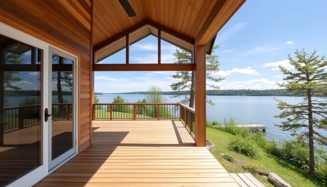 A serene lakeside cabin with a glass front, offering an unobstructed view of the water. - Image