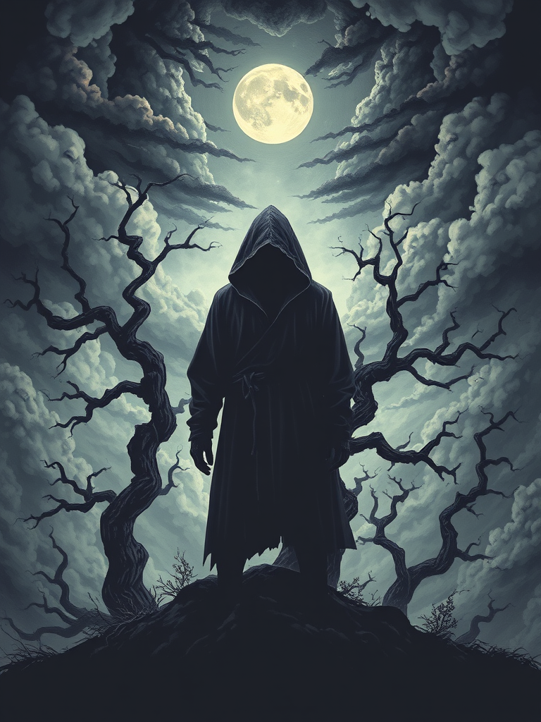 A captivating dark fantasy illustration of a screen-printed t-shirt design, titled "Seed 638036763". The t-shirt features a surreal and cinematic scene, with a mysterious, hooded figure standing amidst a hauntingly beautiful landscape of twisted trees, ominous clouds, and a full moon. The overall atmosphere is eerie yet enchanting, drawing viewers into the intricate details and symbolism woven into the design., cinematic, illustration, dark fantasy