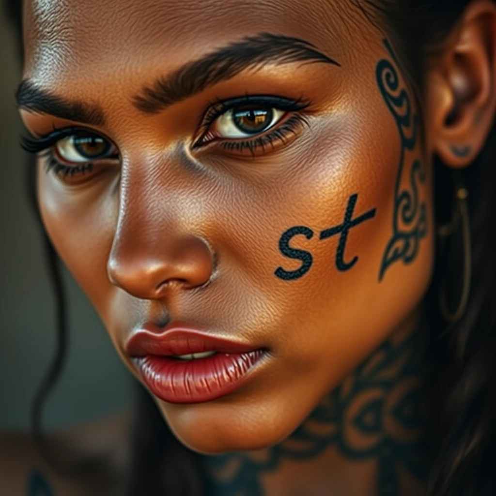 Close-up view of the tattooed face of a super muscular, super beautiful Indian woman with striking jaw features, with the word "ghost" written on it.