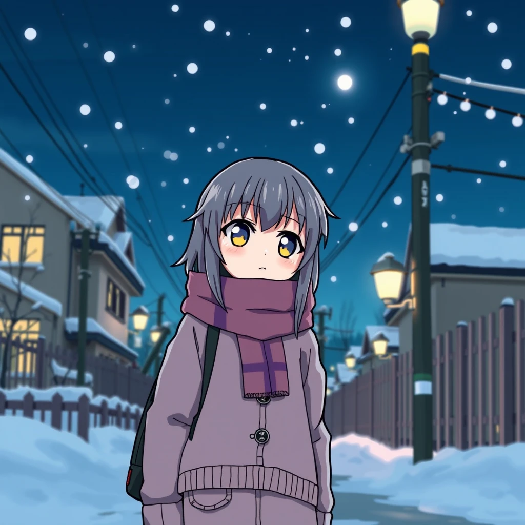 A cool cartoon girl on a cold winter night, with Japanese style.