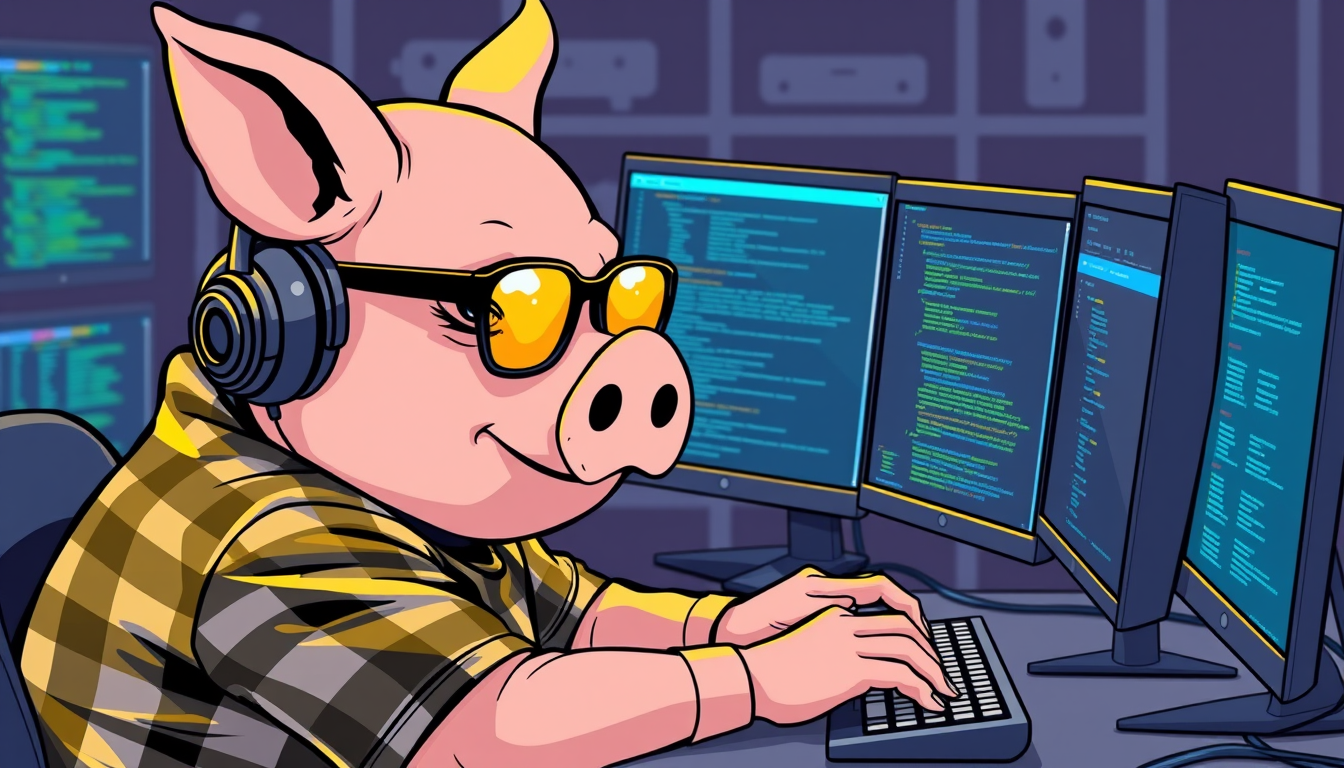 A tech-savvy pig coder, wearing yellow-tinted glasses and sleek noise-cancelling headphones, hunches over a cutting-edge multi-monitor setup. The anthropomorphic pig exudes focus, typing furiously while wearing a plaid t-shirt.