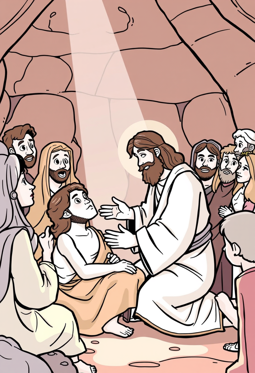 Depict Jesus healing a sick person, surrounded by amazed onlookers, in a warm and compassionate setting. A coloring book page, cartoon style, thick lines, low details, no shading.