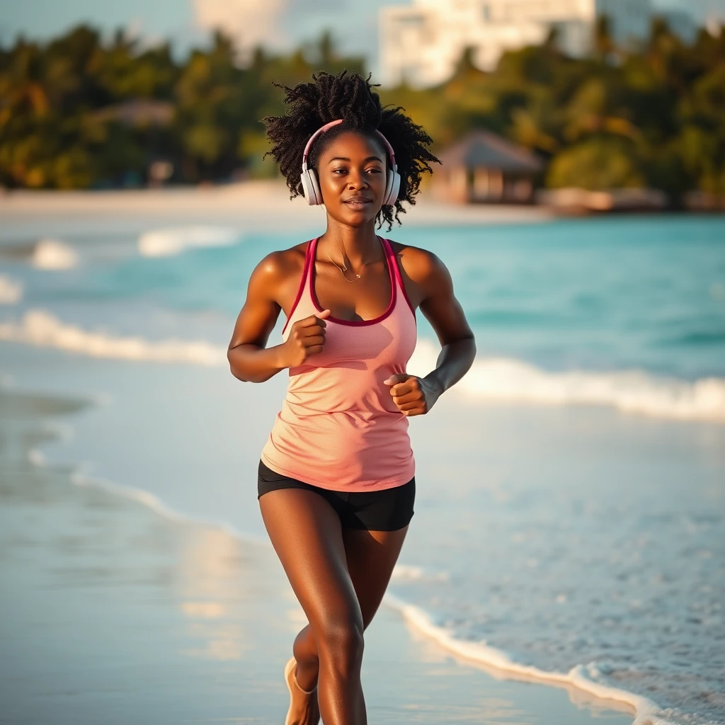 A young black woman jogging on a beach in the Bahamas listening to a podcast on her headphones.