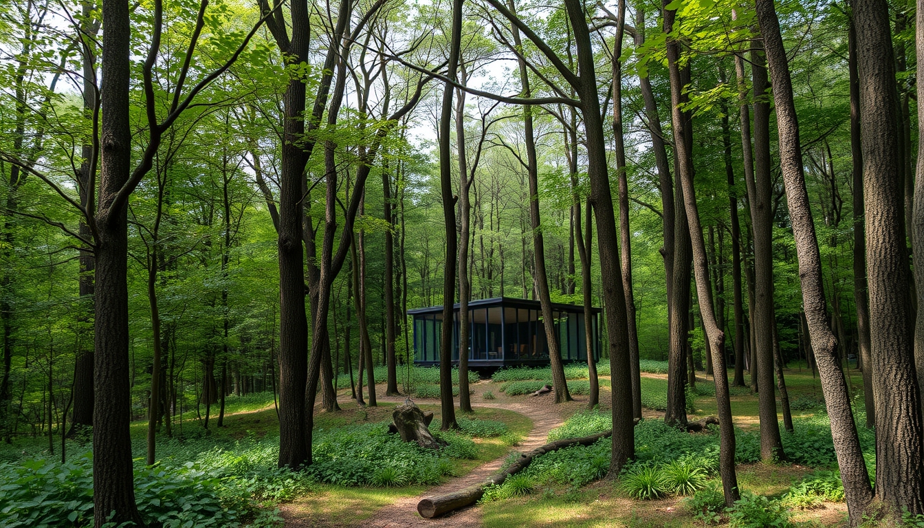 A tranquil forest scene with a hidden glass house blending into the surroundings.