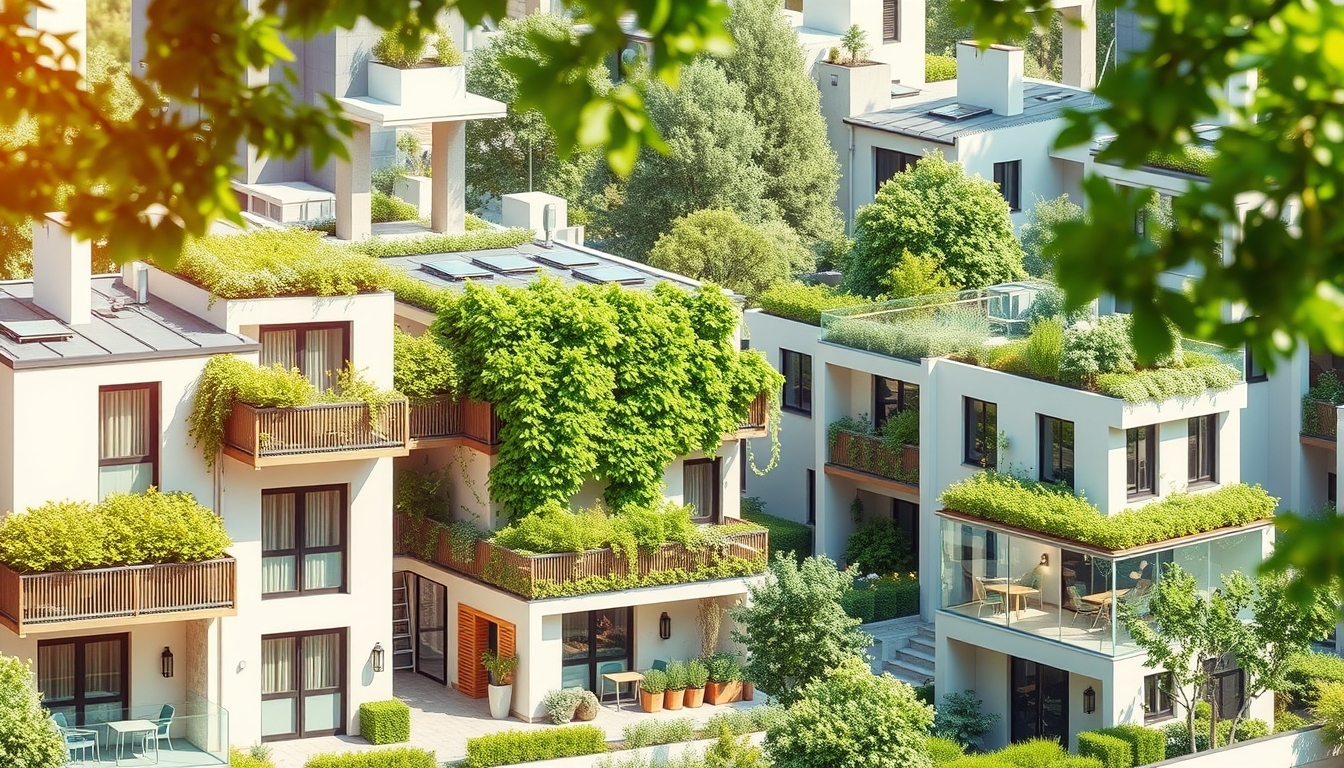 Sustainable urban housing with green tech, representing eco-friendly living.