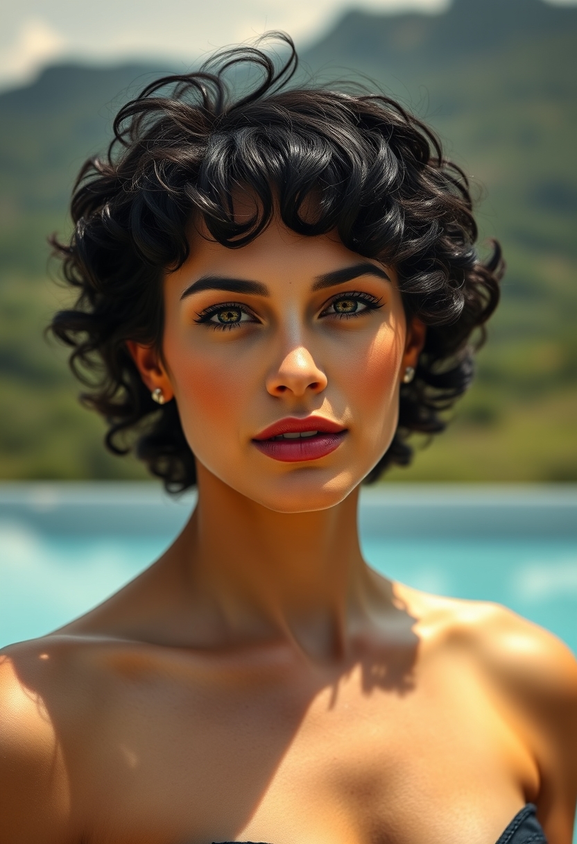 hyper-realistic image, beautiful woman, short black hair, curly. behind her an infinity pool, in the background the hills of Barolo.