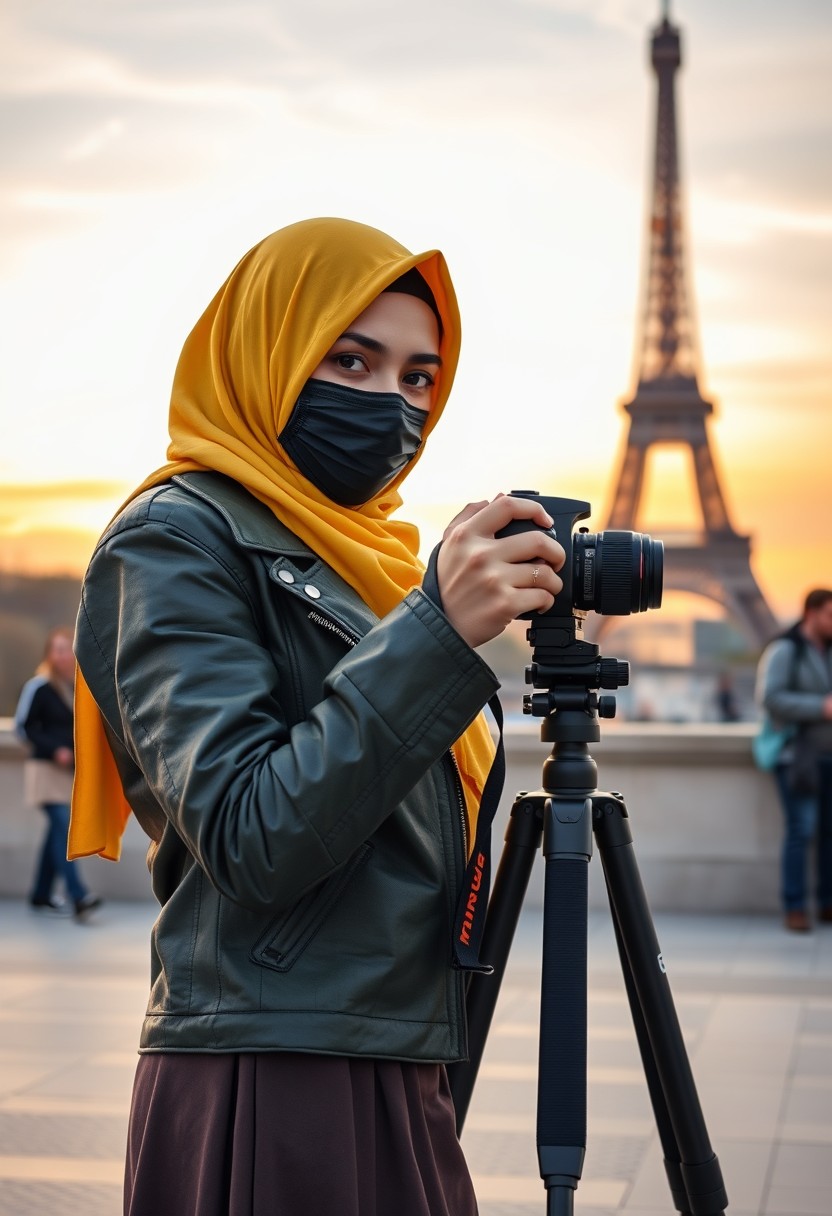 Biggest hijab yellow Muslim girl, beautiful eyes, face mask black, green army leather jacket, biggest skirt, camera DSLR Canon, tripod, taking photos of Eiffel Tower, sunrise, morning scenery, hyper realistic, street photography. - Image