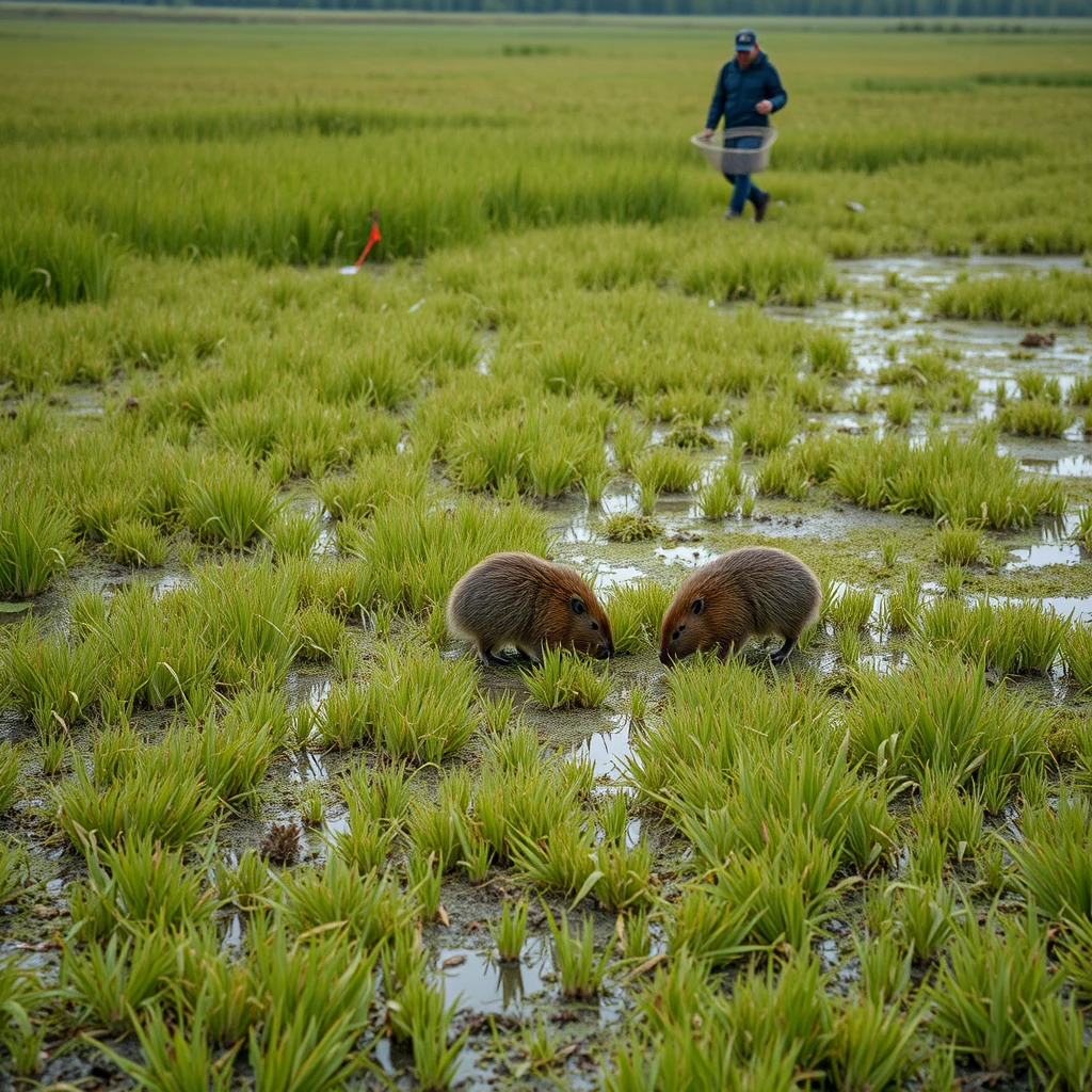 Grassy marsh landscape, many common reeds, water puddles everywhere, two coypus grazing on the grass, people approaching with capture nets to catch them, documentary photography, photo realistic, hyper detailed.