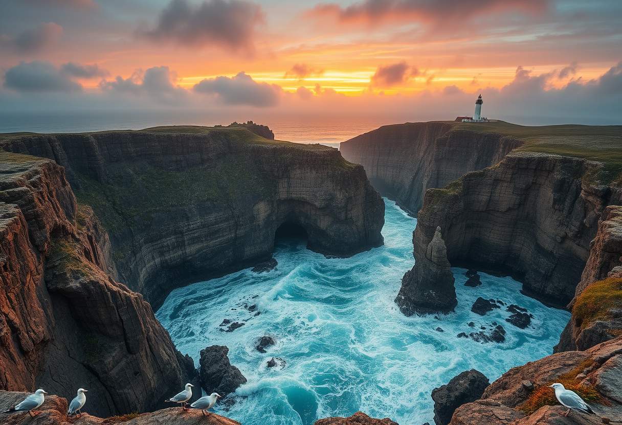 Awe-inspiring, rugged coastline, rocky cliffs, crashing waves, high quality, photorealistic, dramatic, wild, seagulls, stormy, panoramic, breathtaking::1.2 tide pools, sea stacks, hidden caves, coastal hiking trails, lighthouse, mist, vibrant sunset.