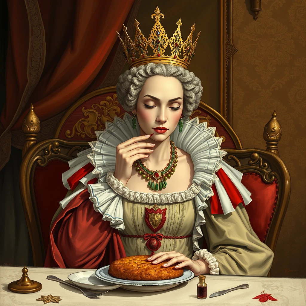 "The queen is so lazy that she won’t even lift a finger to eat, and has her maid feed her bite by bite." - Image