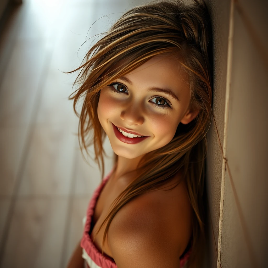 Realistic photograph Full-length portrait of a stunning girl, dynamic angle. There's only light shining on the face, which has a bright smile and expression with brown eyes, leaning her full body at a wide angle. She has long messy light brown hair and stands leaning against a wide floor wall.