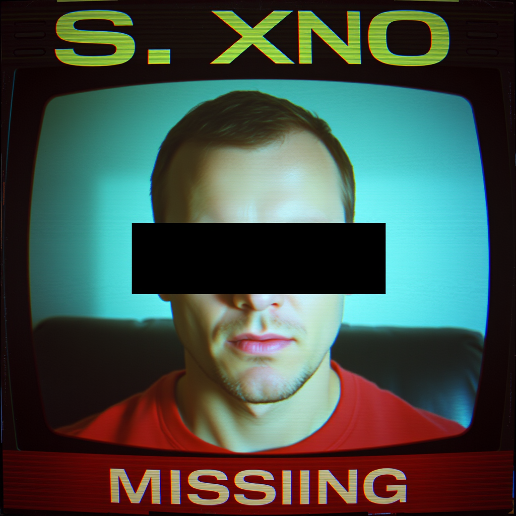 Photo of a man with a black bar over his eyes, old TV filter, scanlines, album cover, artist is "S.X.O", song is "Missing", typography.