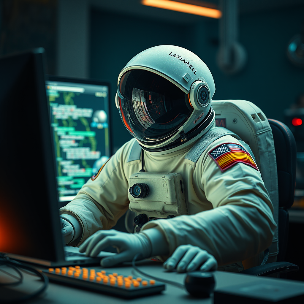 An astronaut hacker at a computer in a cinematic 8K. - Image