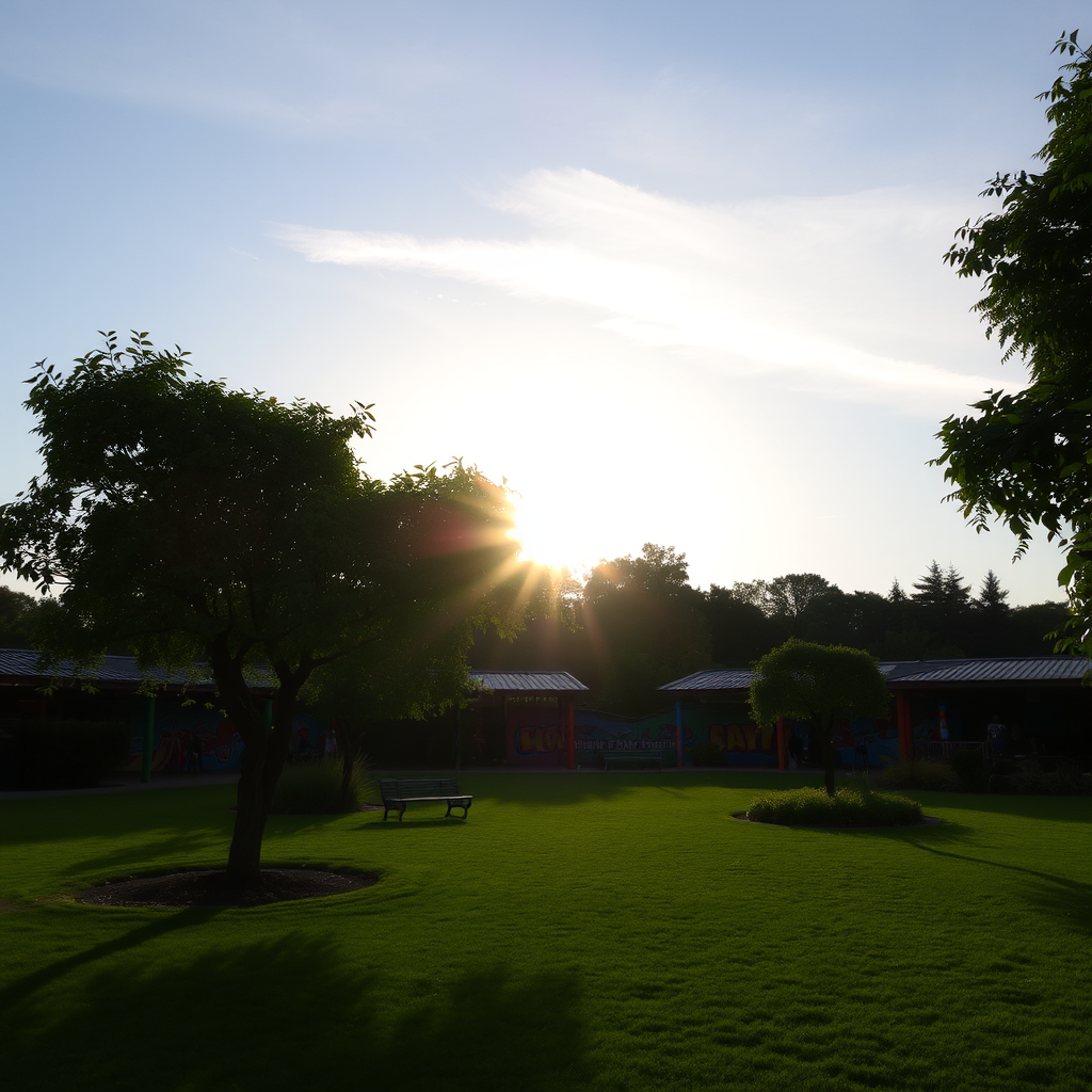 One sunny morning, the sun was just rising, and there were faint clouds in the sky. A colorful, vibrant zoo. The ground was green grass with a few big trees and bushes around it. A colorful, vibrant zoo. The ground was green grass with a few big trees and bushes around it.