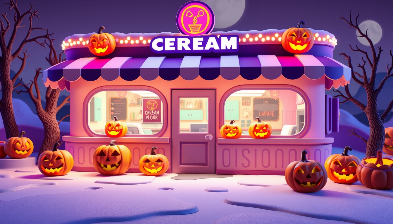 Ice cream parlor with jack-o'-lanterns, festive Halloween theme, 3D illustration. - Image