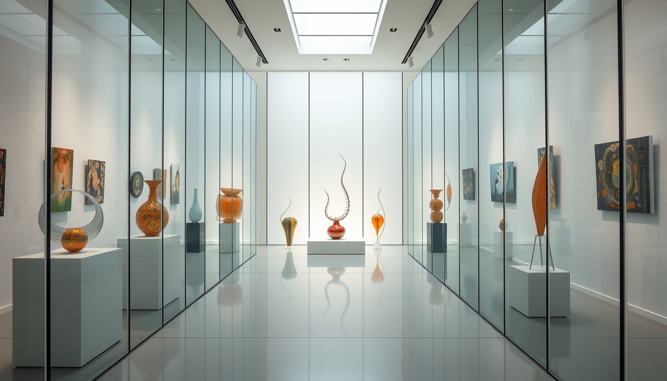 A modern art gallery with glass walls, showcasing contemporary glass sculptures. - Image