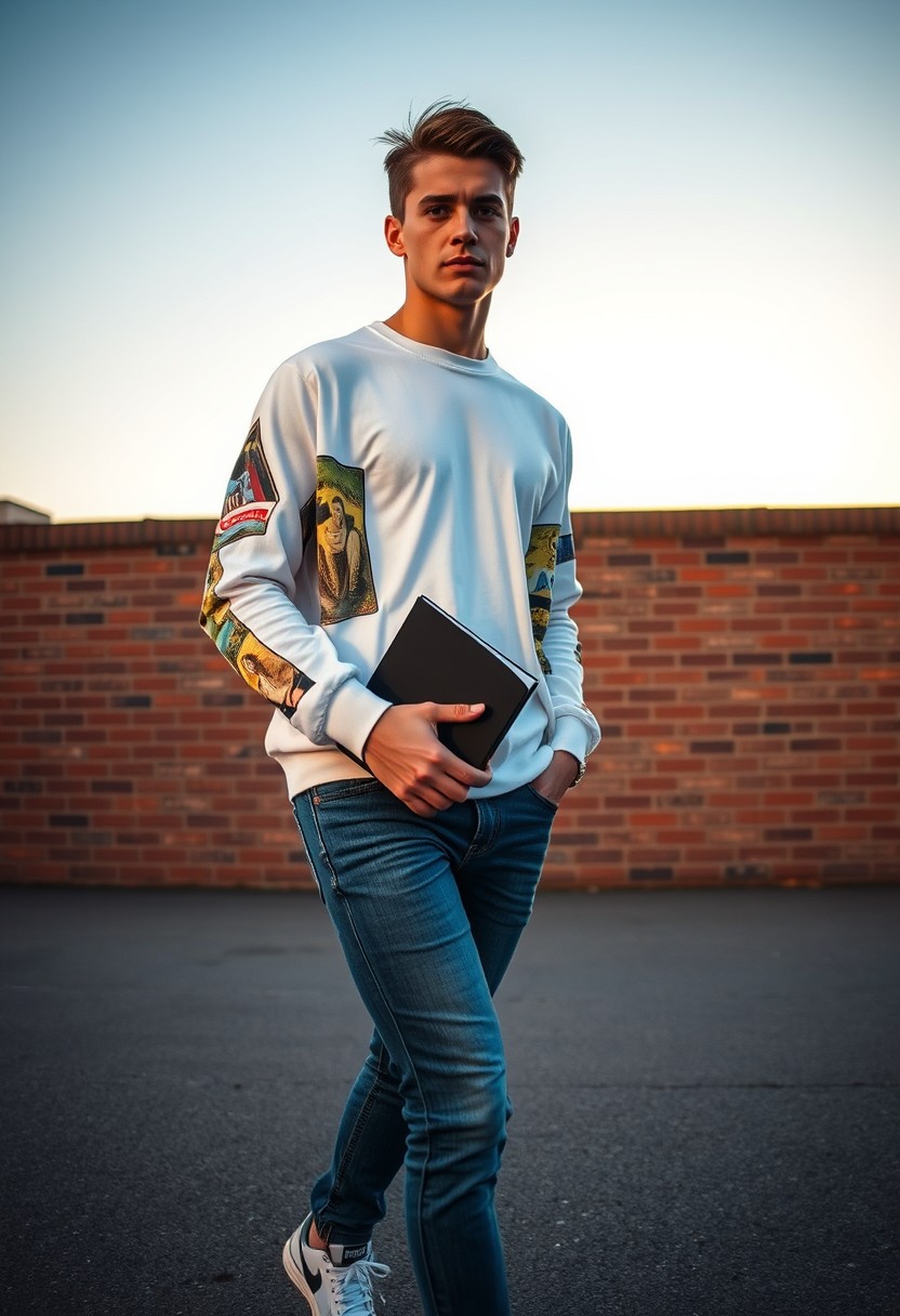 Freddie Prinze head and body shot, handsome, young, serious face, white T-shirt, collage jacket, skinny jeans, sneakers, holding some book, walking style, hyper-realistic, street photography, brick wall, full body photo, sunrise.