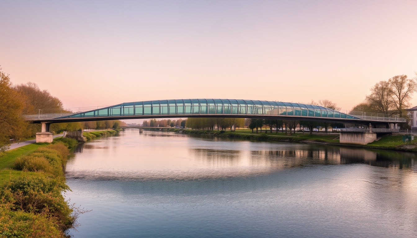 A serene river scene with a glass-bottomed bridge crossing over it.