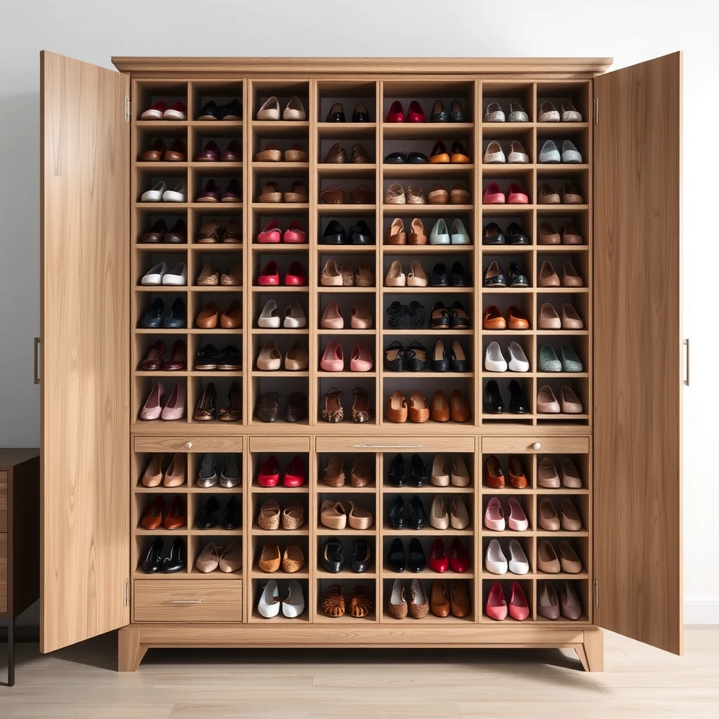 A large cabinet, it is a shoe cabinet, with many small compartments inside, filled with various types of women's shoes.